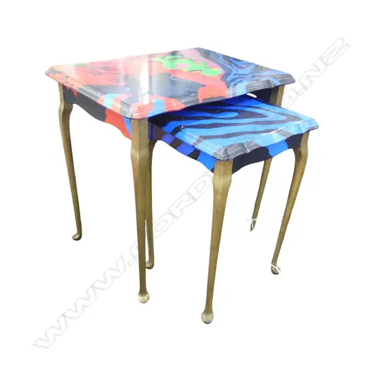 A PAIR OF HAND PAINTED NESTING TABLES 530mm AND 460 mm