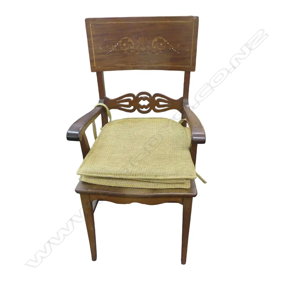 EDWARDIAN MAHOGANY CARVER CHAIR w. INLAID BACK H.1070mm Image 1++