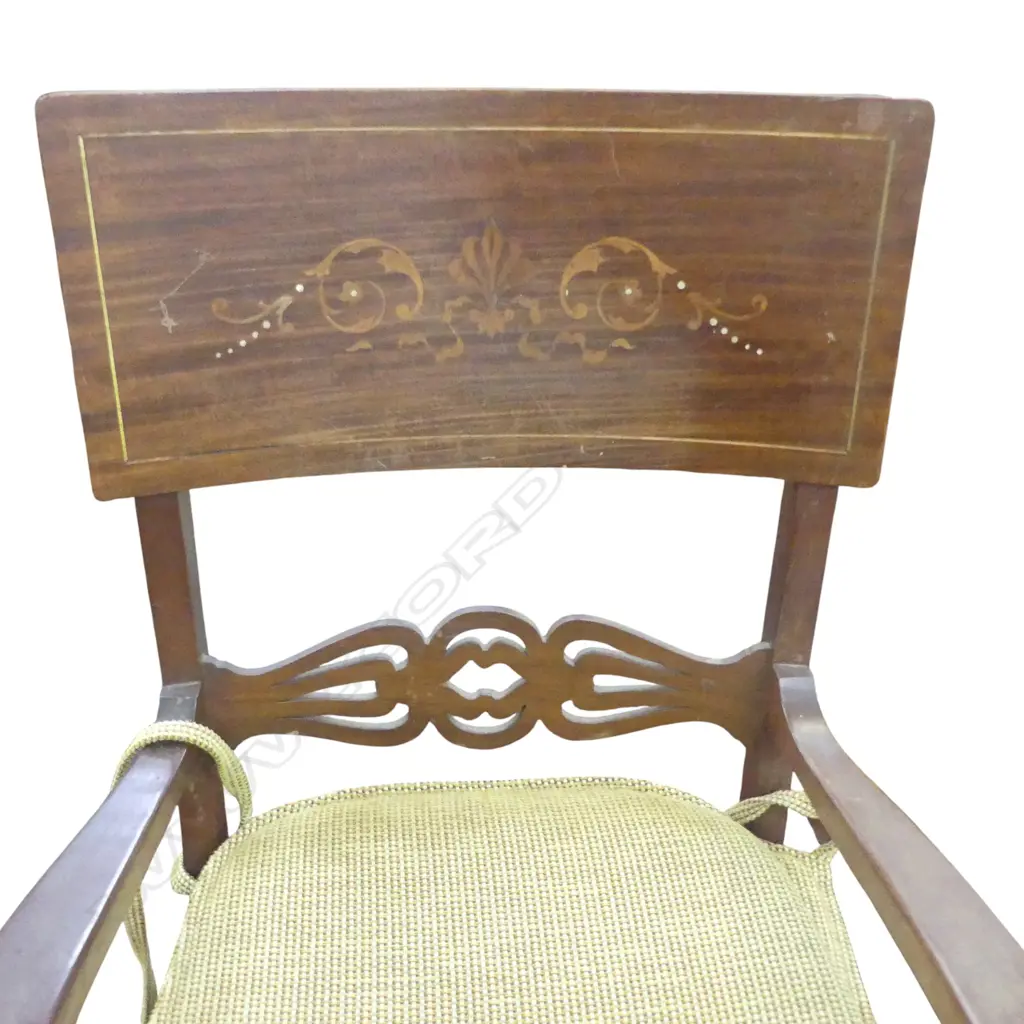EDWARDIAN MAHOGANY CARVER CHAIR w. INLAID BACK H.1070mm Image 1++