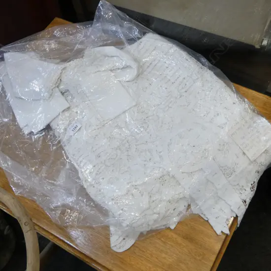 with label: HANDMADE BELGIUM LACE....Belonged to Alta Diedrich Bought in Brussels about 1935. On wedding Table (M.D & R.S