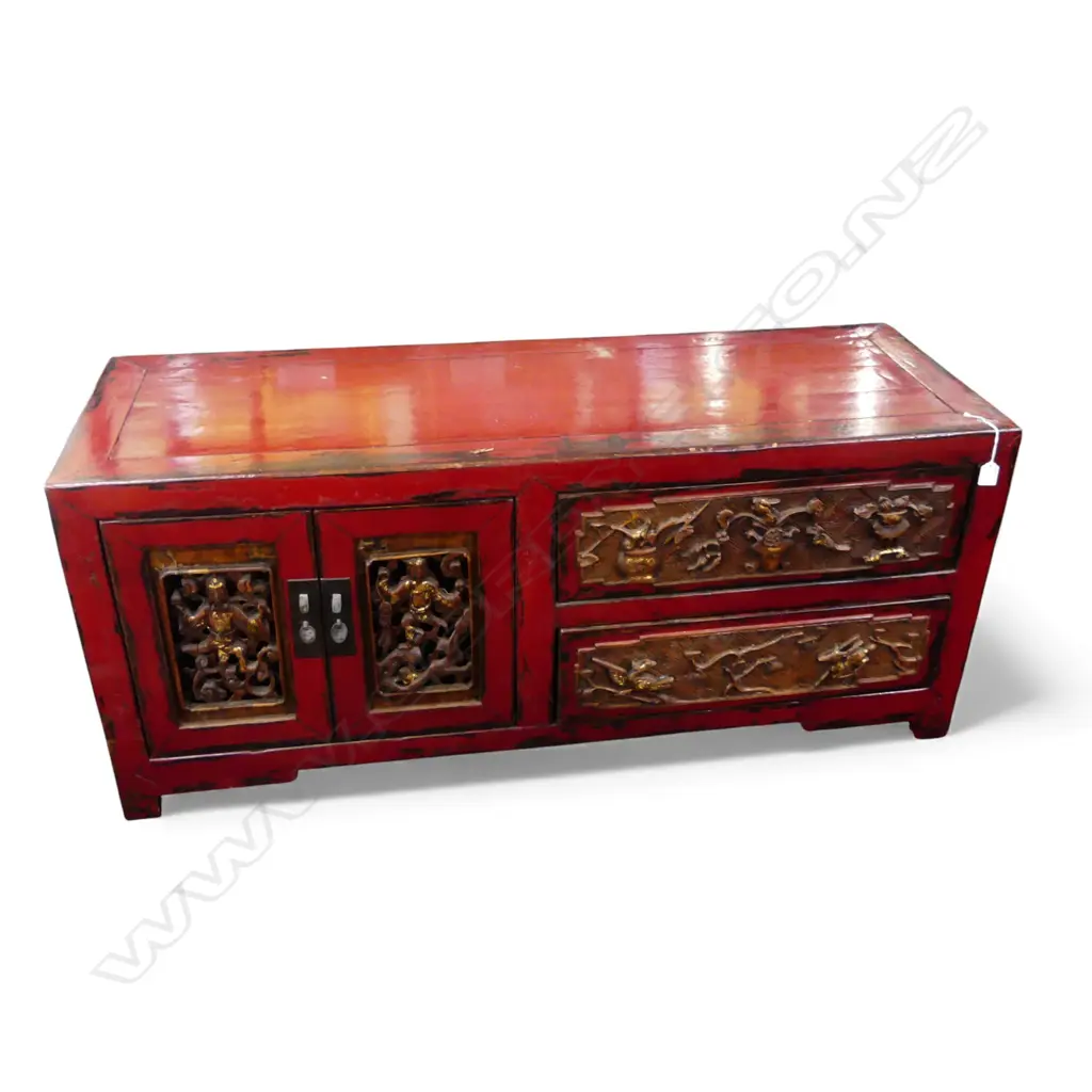 CHINESE LOW CABINET with carved panels and drawers 1320x3460x570mm Image 1++