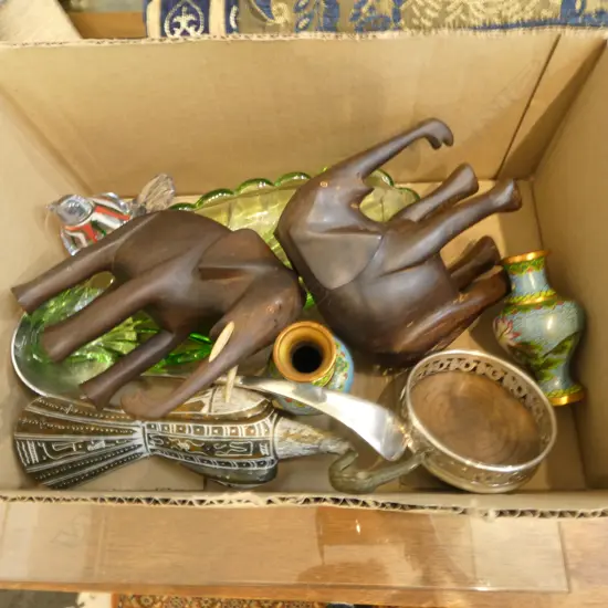 2 WOODEN ELEPHANTS, 2 CLOISONNE VASES, EP LADLE ETC