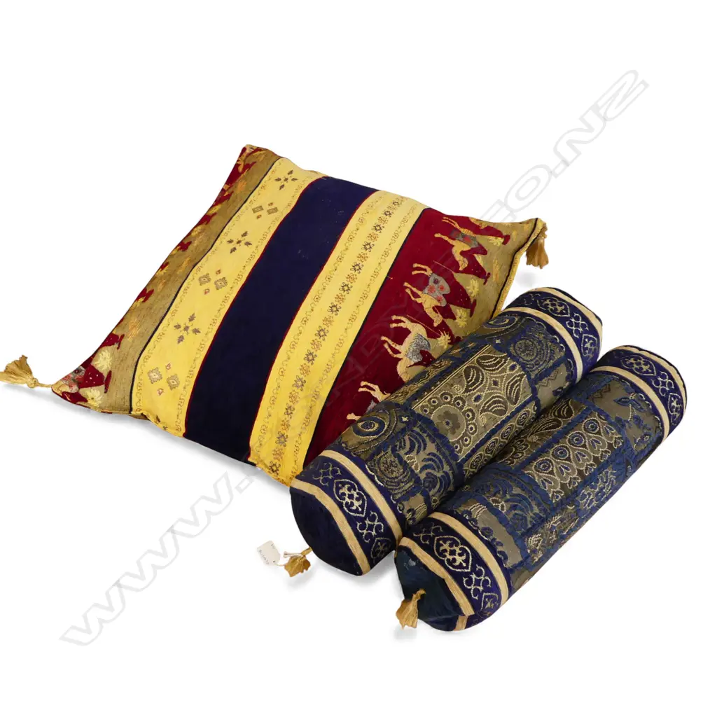 EGYPTION STYLE CUSHION L640MM & 2 BLUE BROCADE BOLSTER CUSHIONS L500MM Image 1++