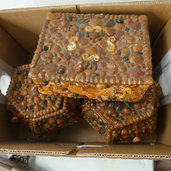 3 OLD SHELL ART LIDDED BOXES minor faults