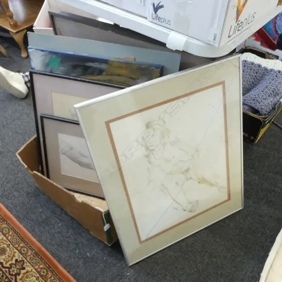 ASST. ARTWORKS INCL. TERRY STRINGER (b.1946), MALE NUDE, WC, SIGNED 490x395mm, glass broken