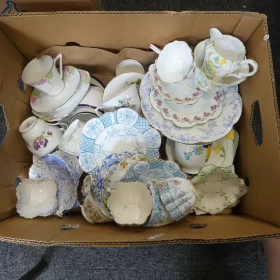BOX OF MIXED CHINA TEACUPS PLATES ETC