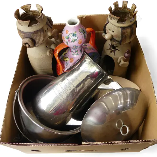 PR STUDIO POTTERY 'KING & QUEEN' CANDLESTICKS, EP JUG & ICE BUCKET ETC
