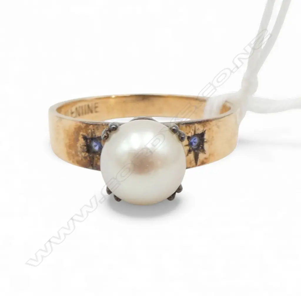 VINTAGE 9ct GOLD & CULTURED PEARL & SAPPHIRE 'My Valentine' RING 3.43gms SIZE P Image 1++