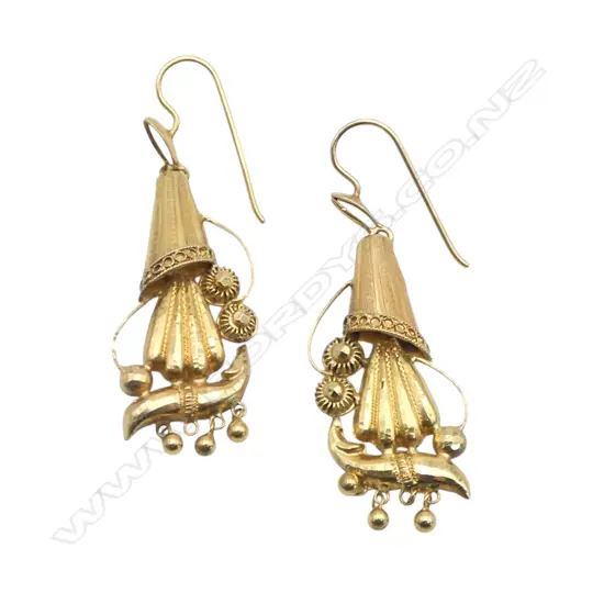 Pair antique gilded 18ct gold drop earrings (testing 18ct or higher) 5.14gms