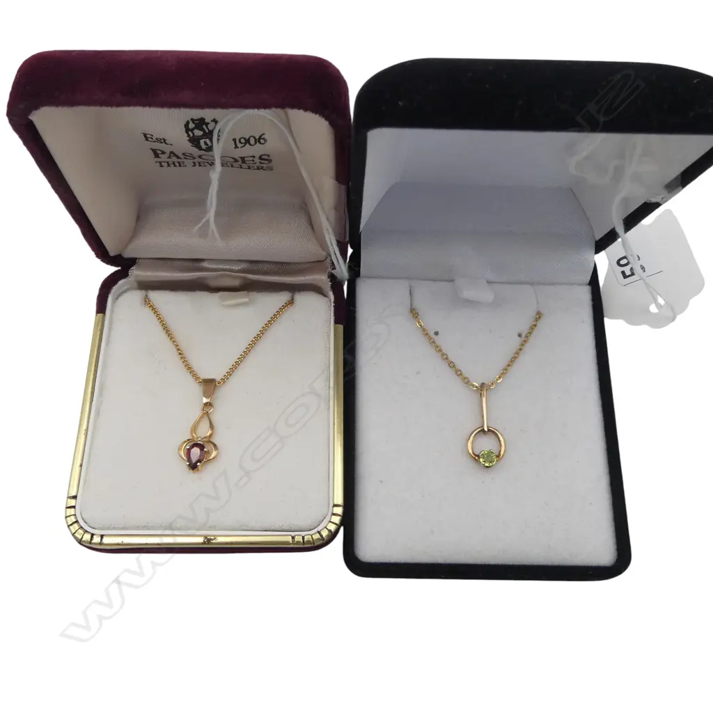 2 9ct PENDANTS, PERIDOT & GARNET on CHAINS (not gold) Image 1++