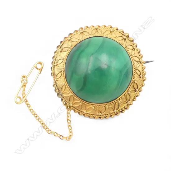 18CT VICTORIAN GOLD & MALACHITE BROOCH w. later pin, repaired 12.11gms
