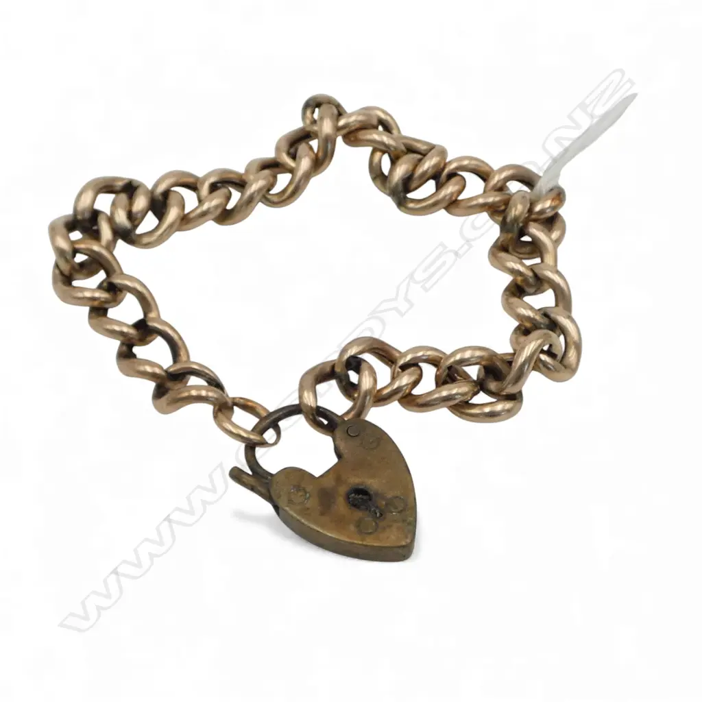 9ct GOLD curb link BRACELET LINKS WORN gold weight 8.5gms. + plated heart padlock clasp Image 1++