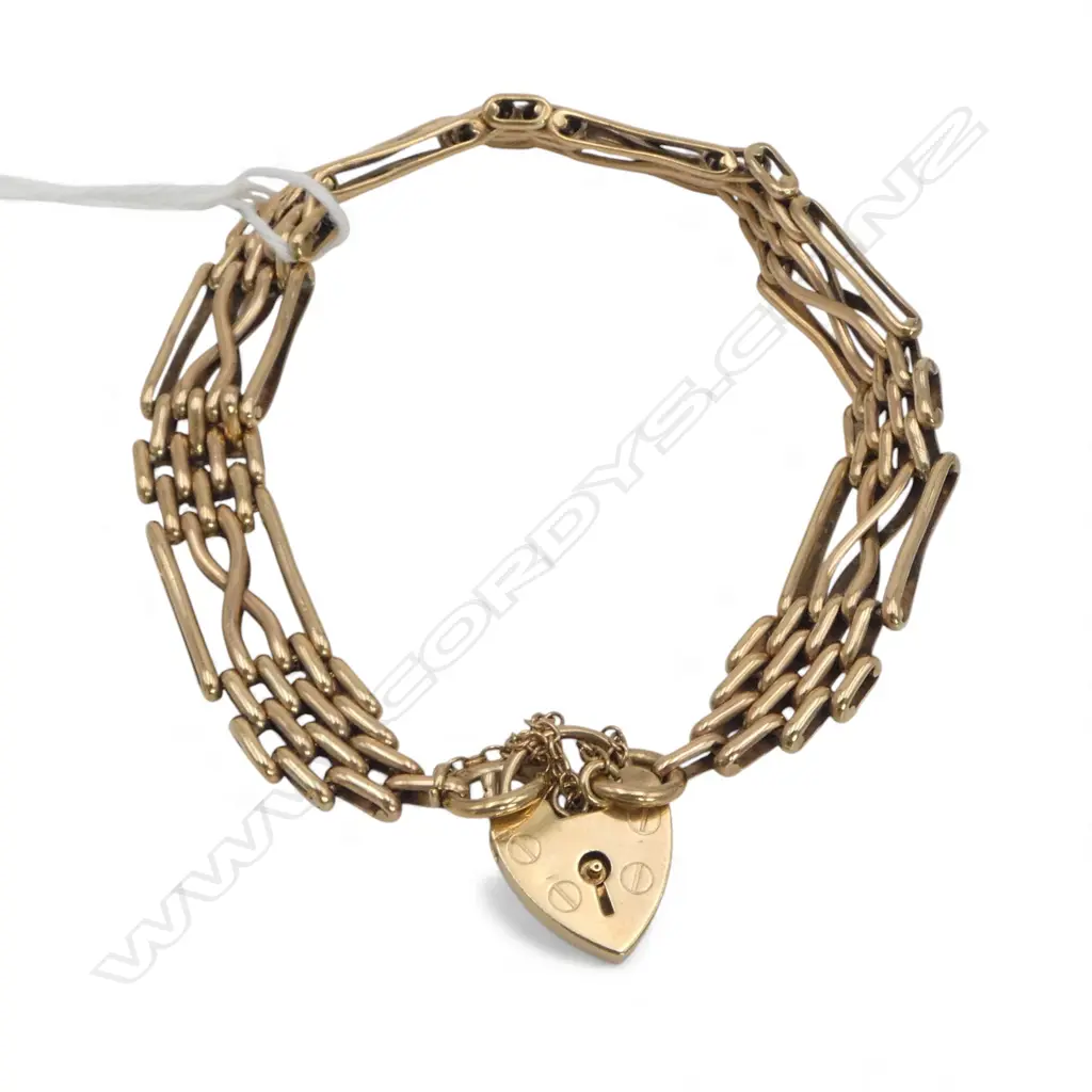 9ct GOLD VINTAGE GATE LINK BRACELET  heart padlock clasp 21.5gms Image 1++