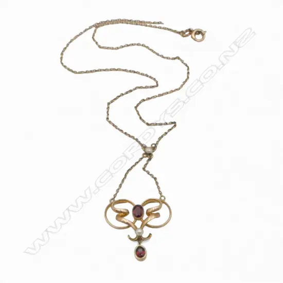 9ct  GOLD EDWARDIAN GARNET & SEED PEARL PENDANT NECKLACE 6gms