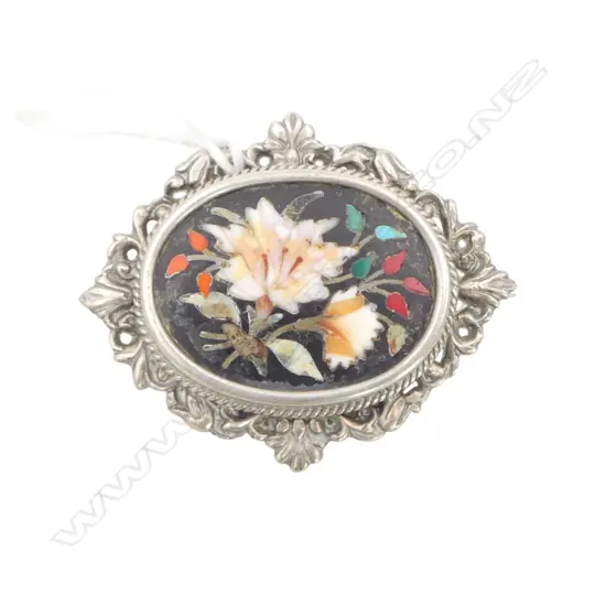 Vintage silver & floral micro mosaic brooch