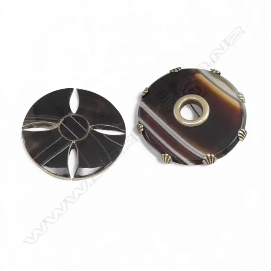 2 vintage Scottish silver & banded dark agate brooches