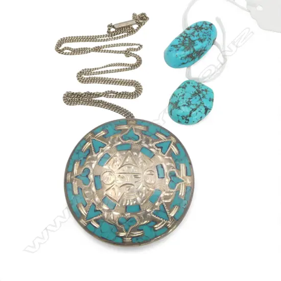 PERUVIAN SILVER & TURQUOISE PENDANT BROOCH ON SILVER CHAIN + 2 STONES 