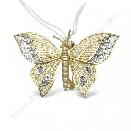 Articulated silver & silver gilt filigree butterfly brooch
