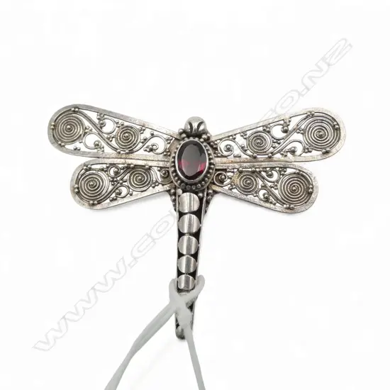 Silver filigree & garnet set dragonfly brooch 