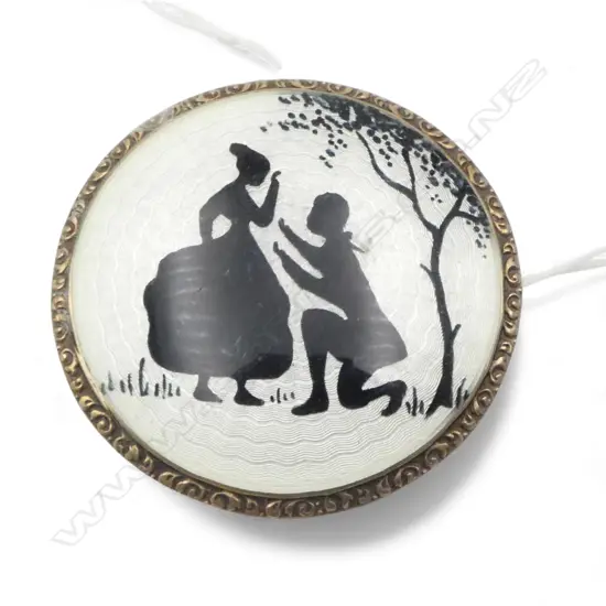 c1950's silver & guilloche enamel silhouette courting couple   scene disc brooch '925S.GR'