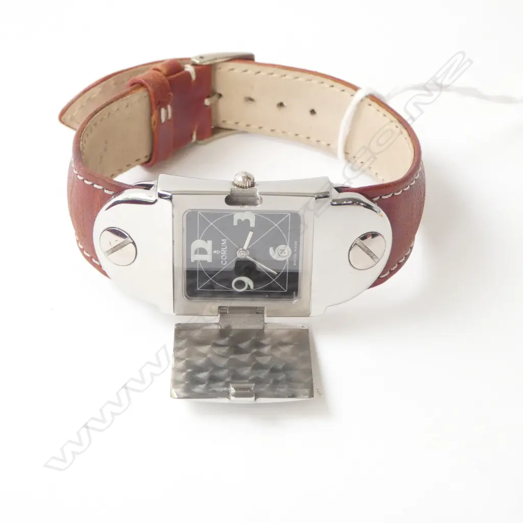 GENTS 'CORUM' SWISS MADE WRISTWATCH, unique 1990 prototype, hinged cover w enamel letter 'A', ID no.s, running Image 1++