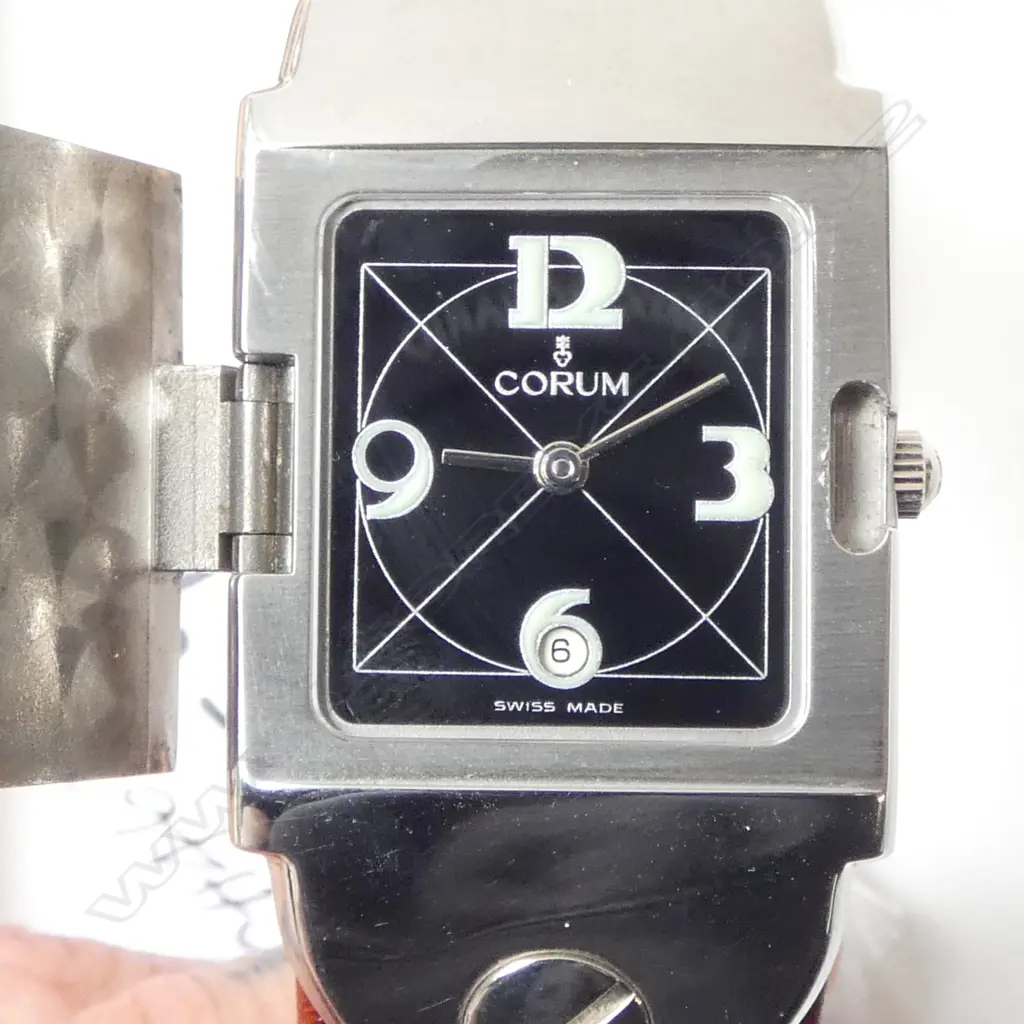 GENTS 'CORUM' SWISS MADE WRISTWATCH, unique 1990 prototype, hinged cover w enamel letter 'A', ID no.s, running Image 1++