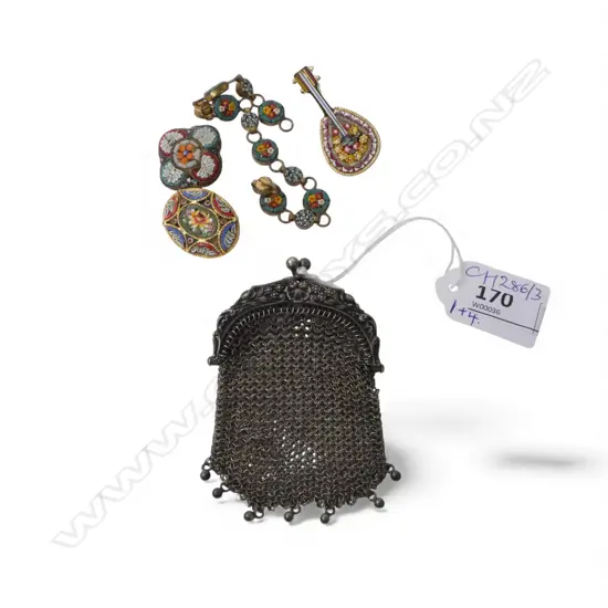 SILVER COIN PURSE H.90mm 27gms + 4 PCES MICRO MOSAIC JEWELLERY