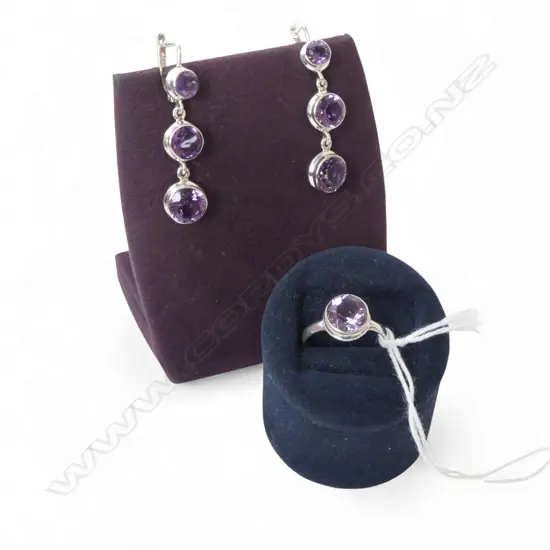SILVER & AMETHYST SET; PR EARRINGS & RING