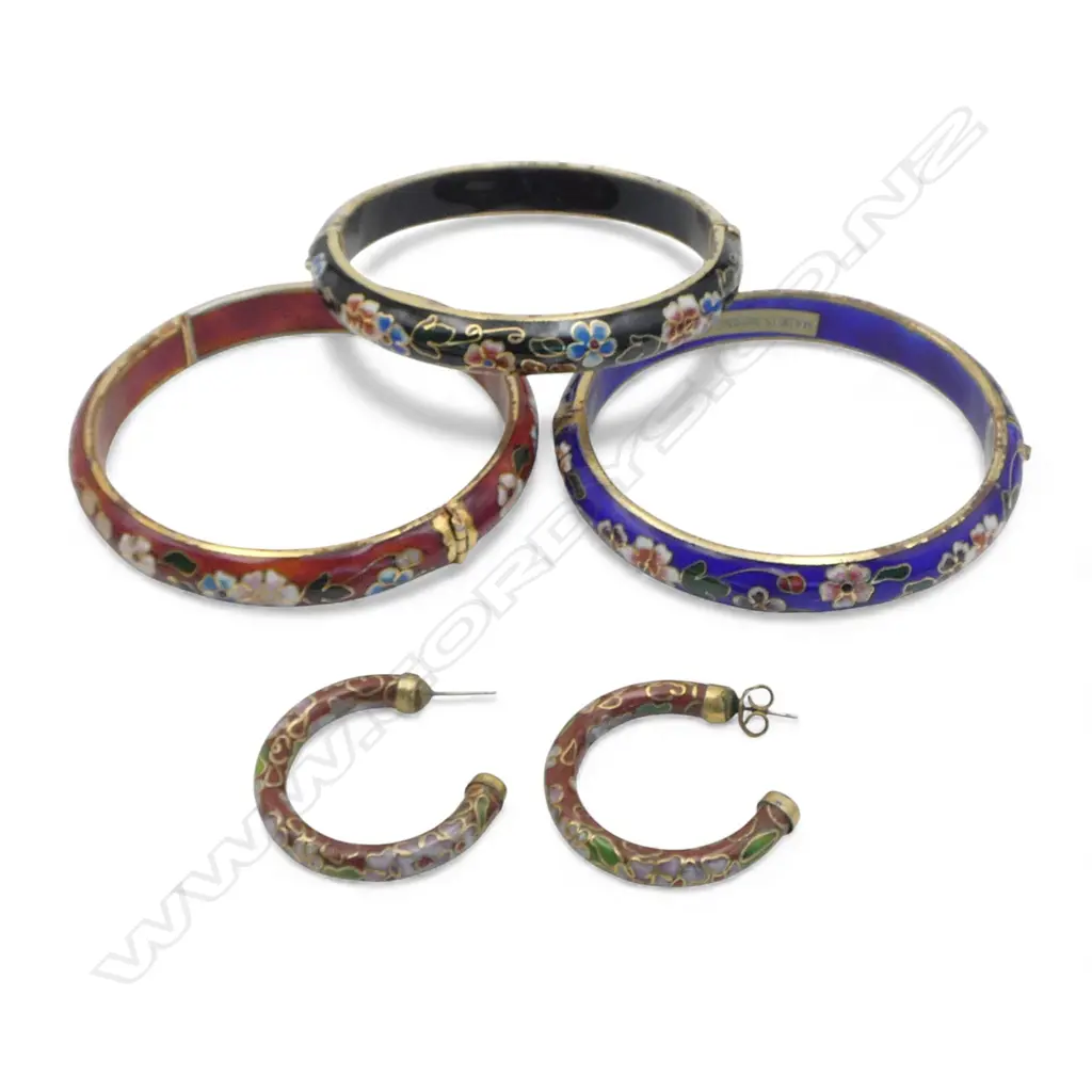 THREE CLOISONNE BANGLES AND A PAIR OF EARRINGS (bought in Hong Kong) Image 1++