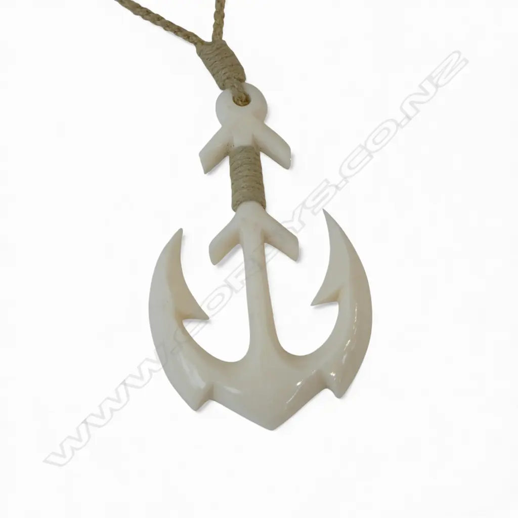 CARVED BONE ANCHOR PENDANT on cord w bone fastening Image 1++