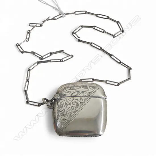 STG SILVER VESTA CASE on silver? chain, BIRMINGHAM 1912, 25gms TW