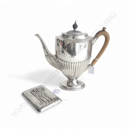PLATED  REGENCY STYLE TEAPOT INITIALLED 'JENW' H.270mm & 800 SILVER CIGARETTE CASE INITIALLED 'MN' 178.8 G