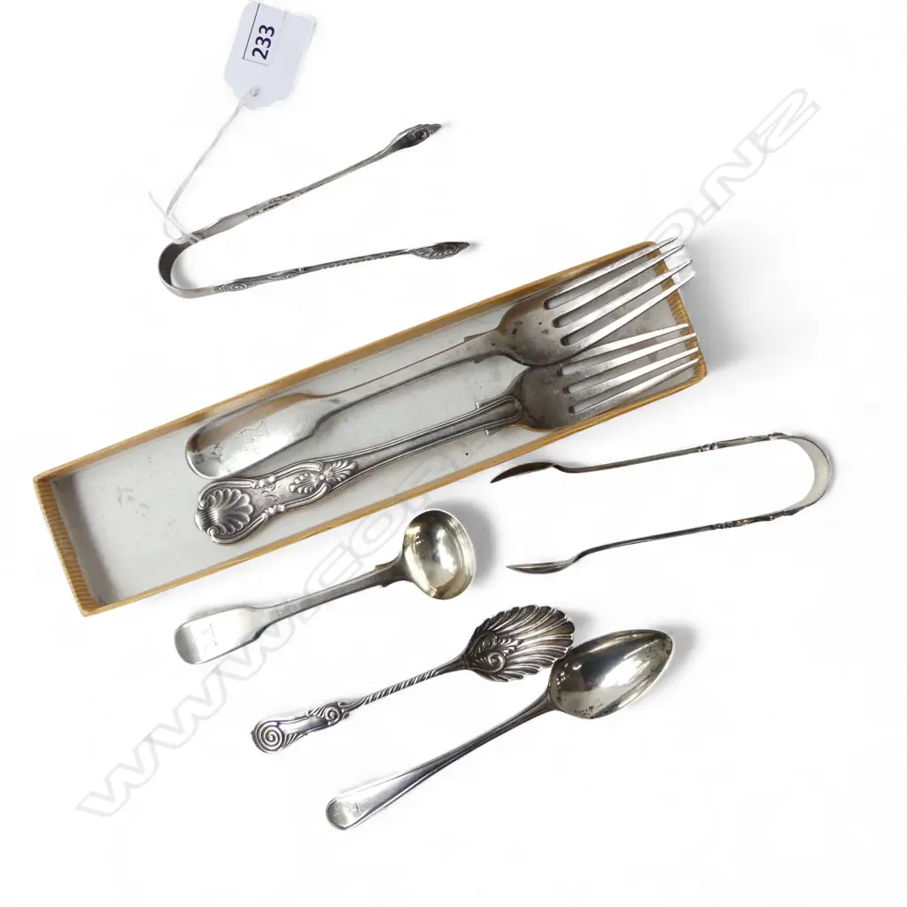 7 STG SILVER CUTLERY ITEMS: 2 FORKS + 2 PRS TONGS + 3 SPOONS. 215gms Image 1++