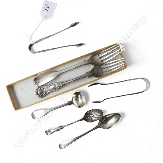 7 STG SILVER CUTLERY ITEMS: 2 FORKS + 2 PRS TONGS + 3 SPOONS. 215gms