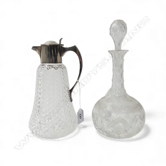 STG SILVER & CUT CRYSTAL CLARET JUG, LONDON 1903, H.230mm 597gms TW + CRYSTAL DECANTER