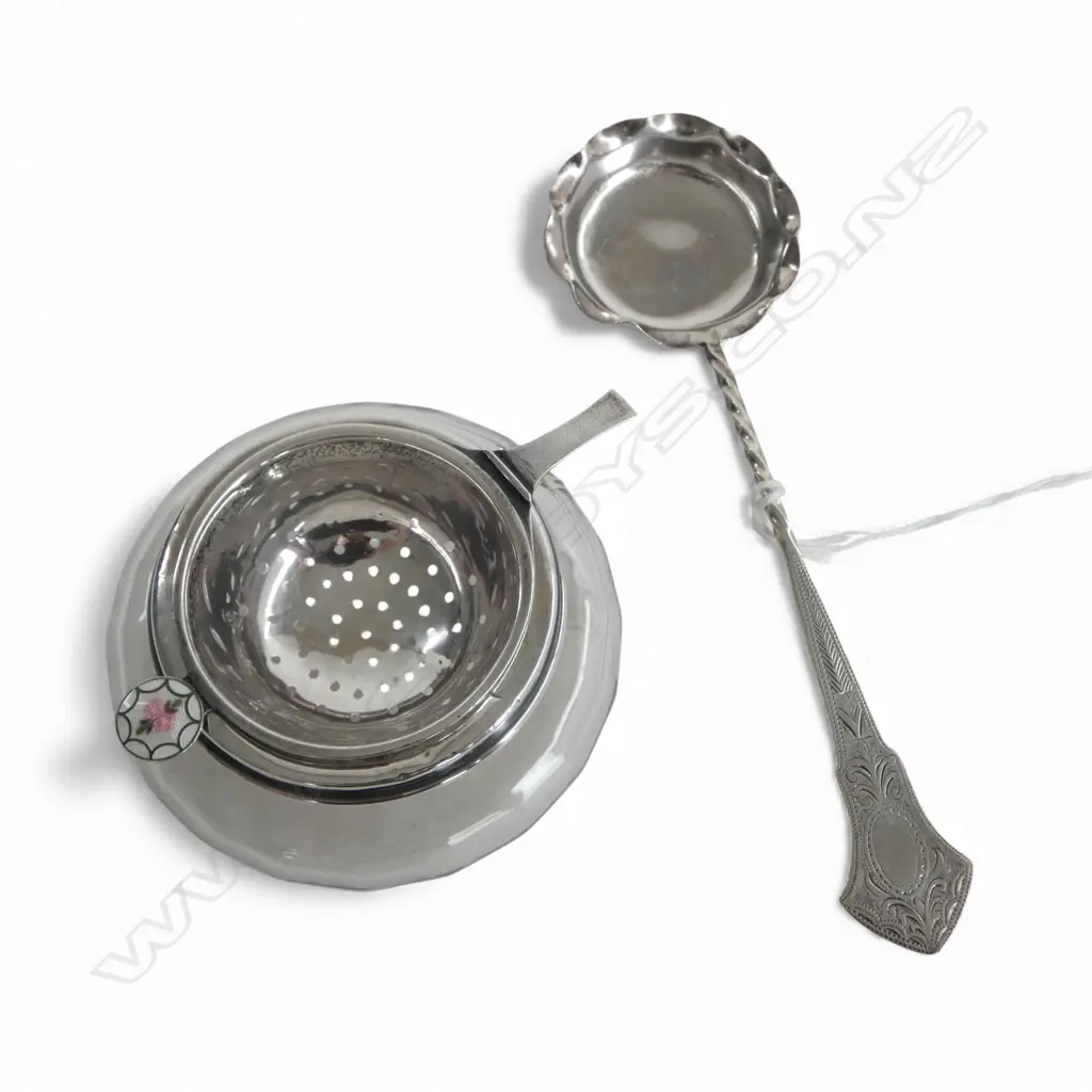 STG SILVER TODDY LADLE + TEA STRAINER ON GLASS BOTTLE w. STG RIM, 116gms TW Image 1++
