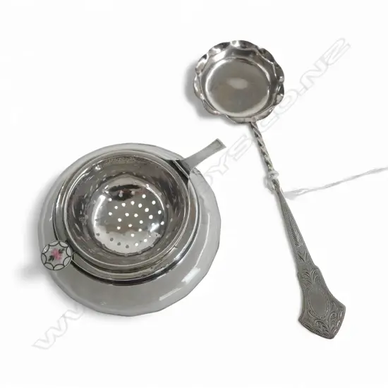 STG SILVER TODDY LADLE + TEA STRAINER ON GLASS BOTTLE w. STG RIM, 116gms TW