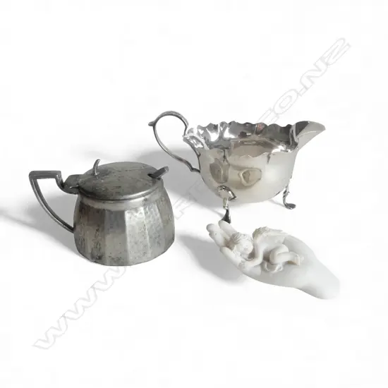 LONDON 1905 SILVER CREAM JUG frilled rim 48gms + pewter mustard pot + angel in hand sculpture
