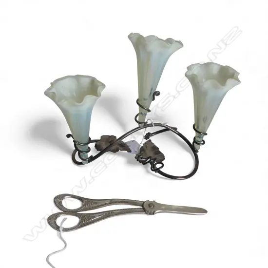 3 SM OPALESCENT TRUMPET PLATED EPERGNES (1 FAULTED), L.220mm, H.180mm, plus PAIR OLD GRAPE SCISSORS
