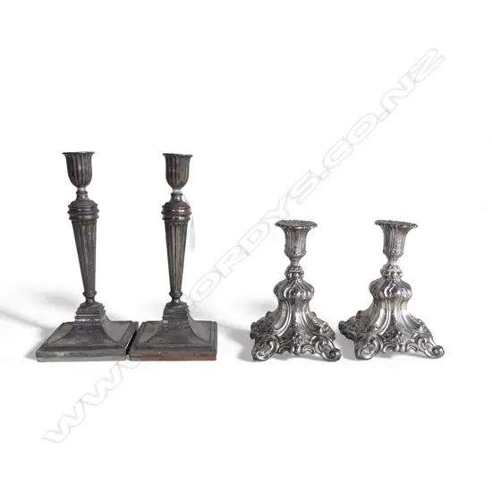 2 PRS SILVER PLATE CANDLESTICKS H.280mm (ONE SILVER OVER COPPER)