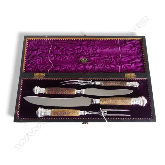 4 PCE VICTORIAN CARVING SET w. STG SILVER TRIM, BOXED W.460mm