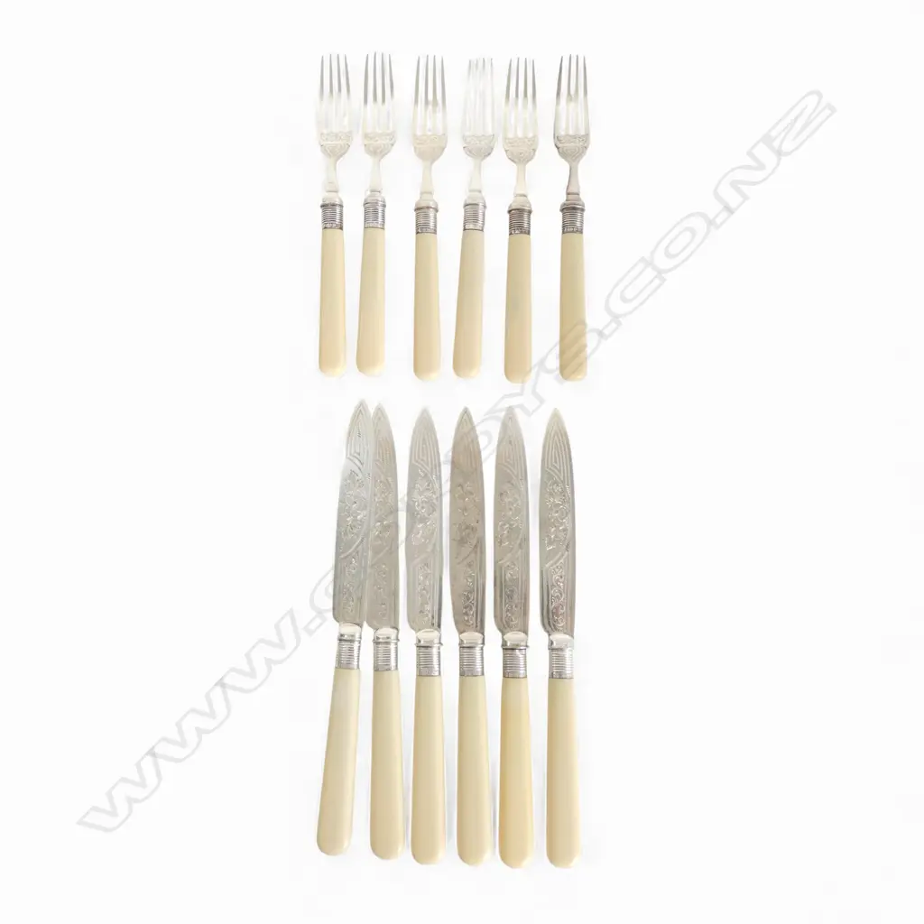 SET OF 6 IVORINE 'BONE' HANDLED KNIVES & FORKS w. STG SILVER COLLARS, LONDON 1924 Image 1++