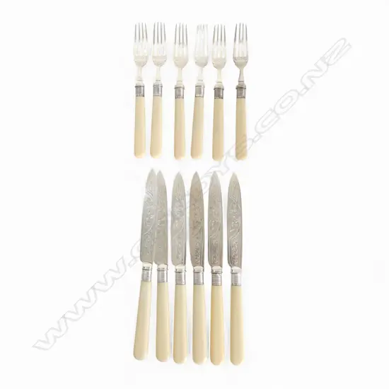 SET OF 6 IVORINE 'BONE' HANDLED KNIVES & FORKS w. STG SILVER COLLARS, LONDON 1924