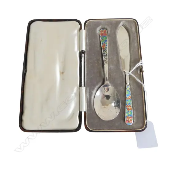 BOXED ENAMEL SILVER knife & spoon SET Birmingham 1934 by Langstone Silver Works (Bernard Instone)