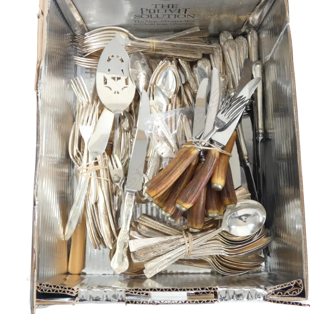 LGE QTY OF SILVER PLATE CUTLERY includes antler handled knives & forks etc Image 1++