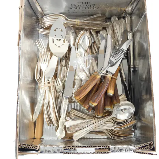 LGE QTY OF SILVER PLATE CUTLERY includes antler handled knives & forks etc