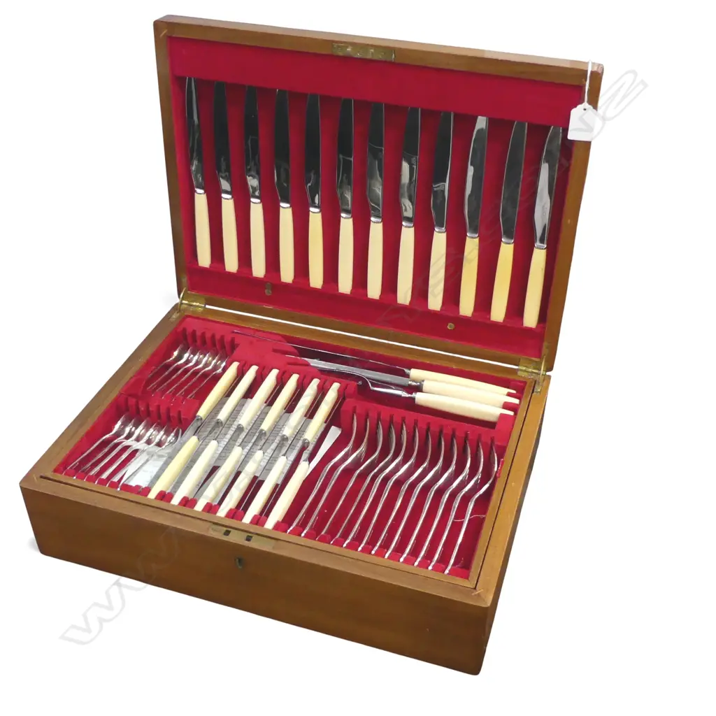 12 PLACE IVORINE 'BONE' HANDLED CUTLERY CANTEEN W.470mm Image 1++