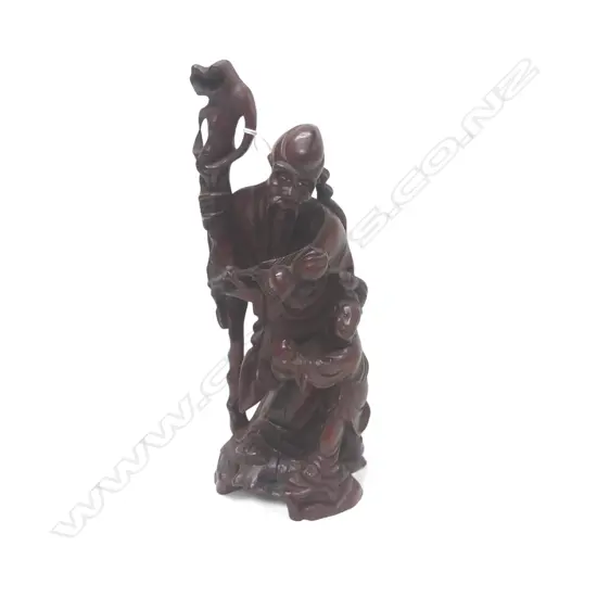 CHINESE WOOD CARVED FIGURE SHOU LAO & CHILD H260MM