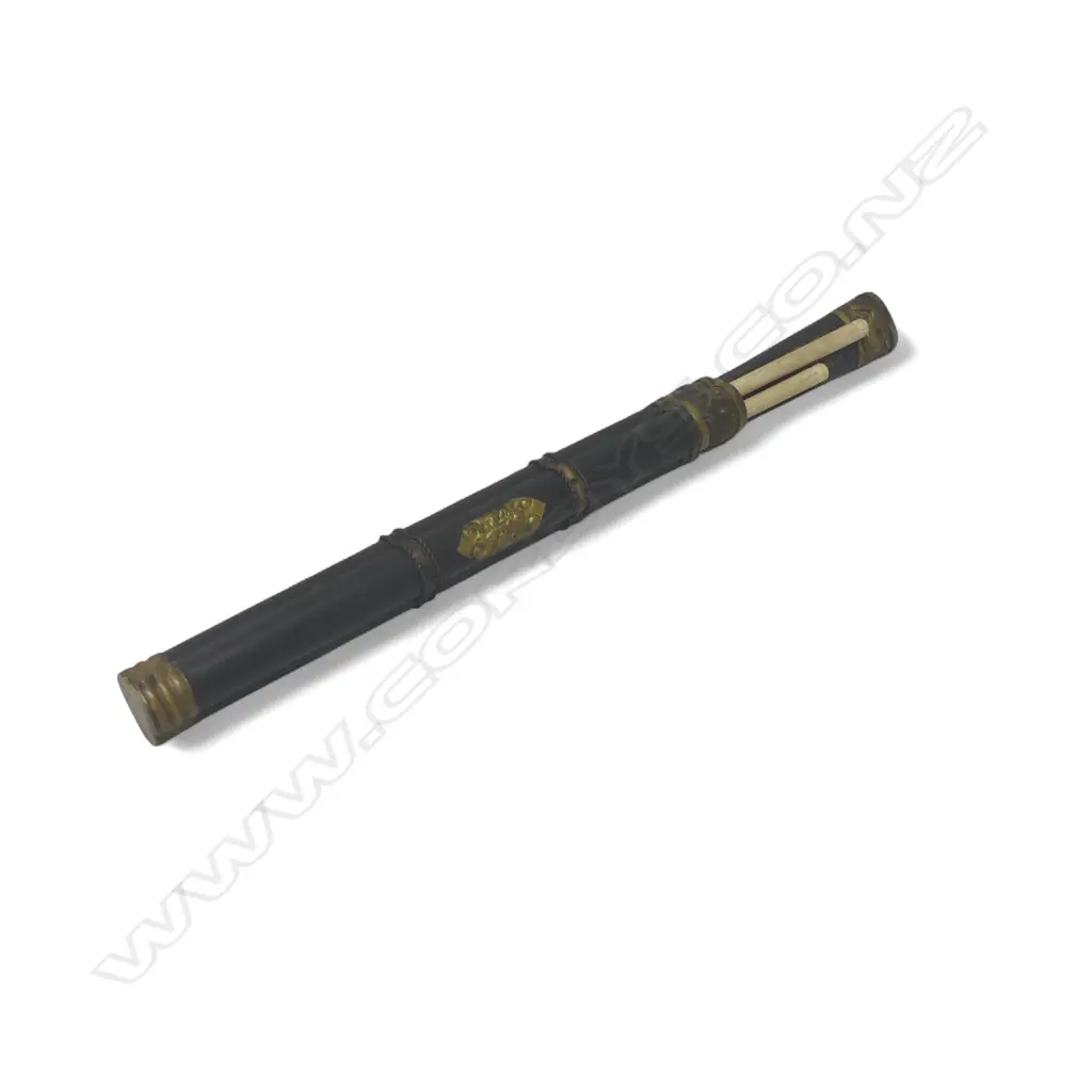 ANTIQUE CHINESE BLACK LACQUERED COPPER KNIFE & BONE CHOPSTICKS EATING SET L300MM Image 1++