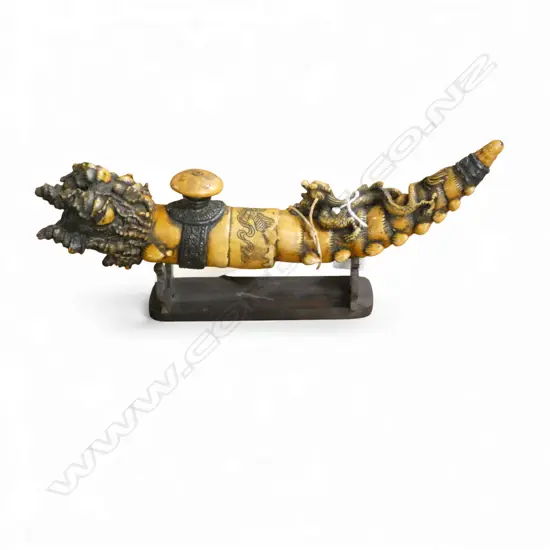 CHINESE DRAGON OPIUM PIPE ON WOOD STAND L330MM